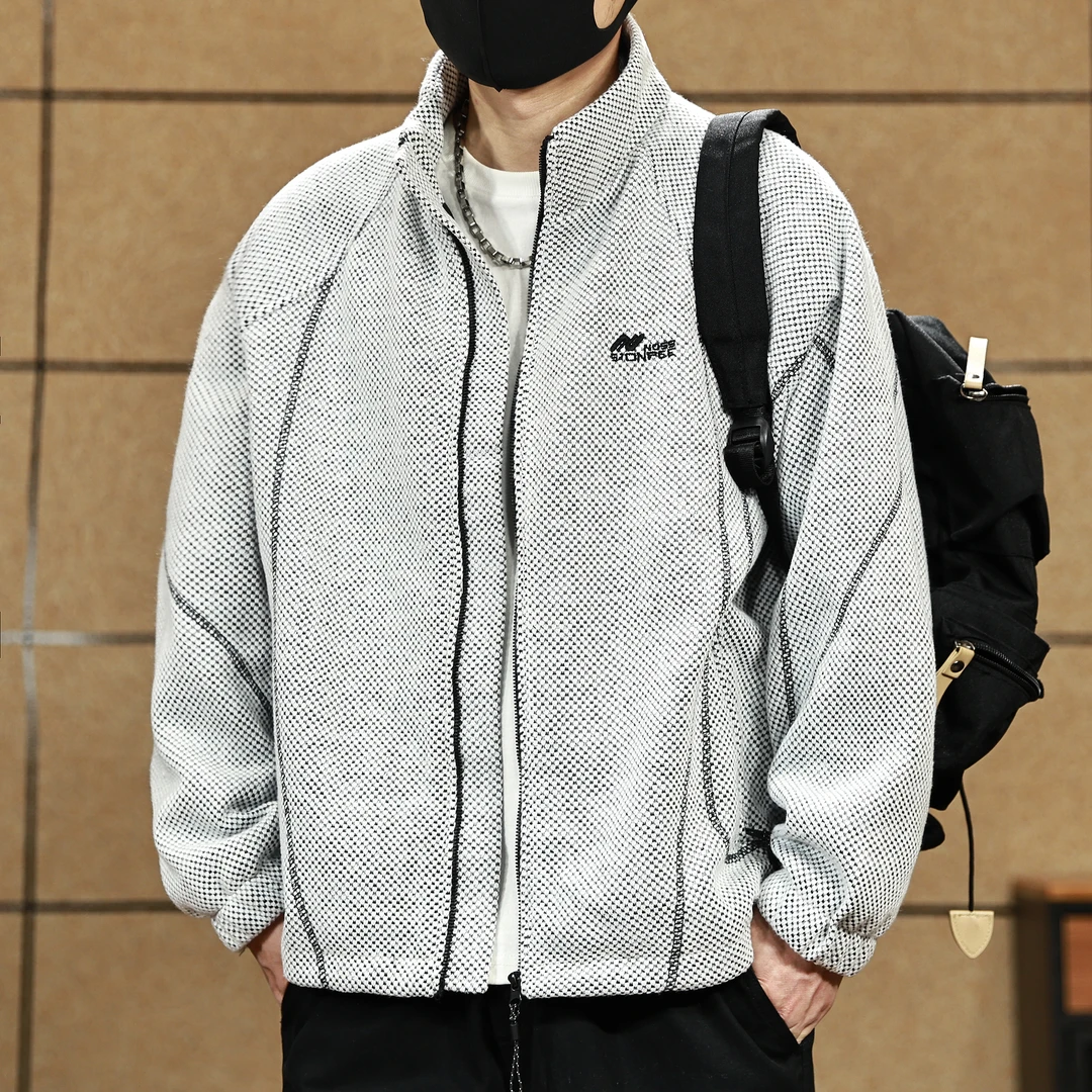 春秋季高级感立领夹克男潮牌上衣2025新款潮流刺绣痞帅格子外套男