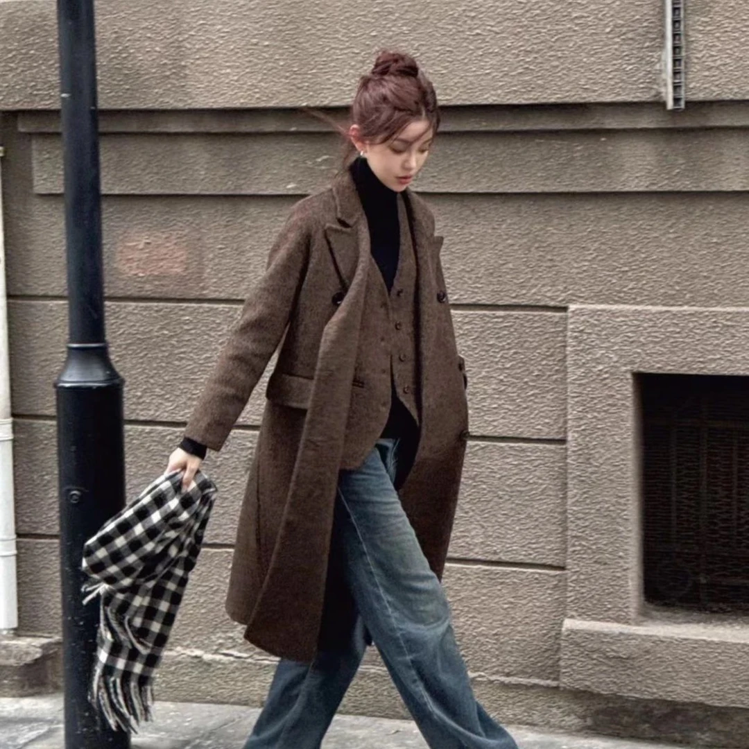 （屋里希专属）2025新款双面羊毛大衣人字纹马甲真两件套气质都市