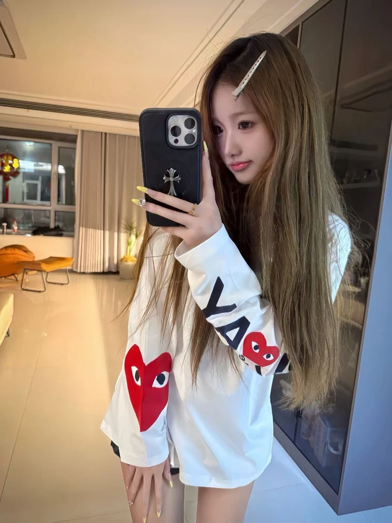 100%纯棉美式高街桃心字母印花长袖t恤女秋季新款宽松打底衫上衣