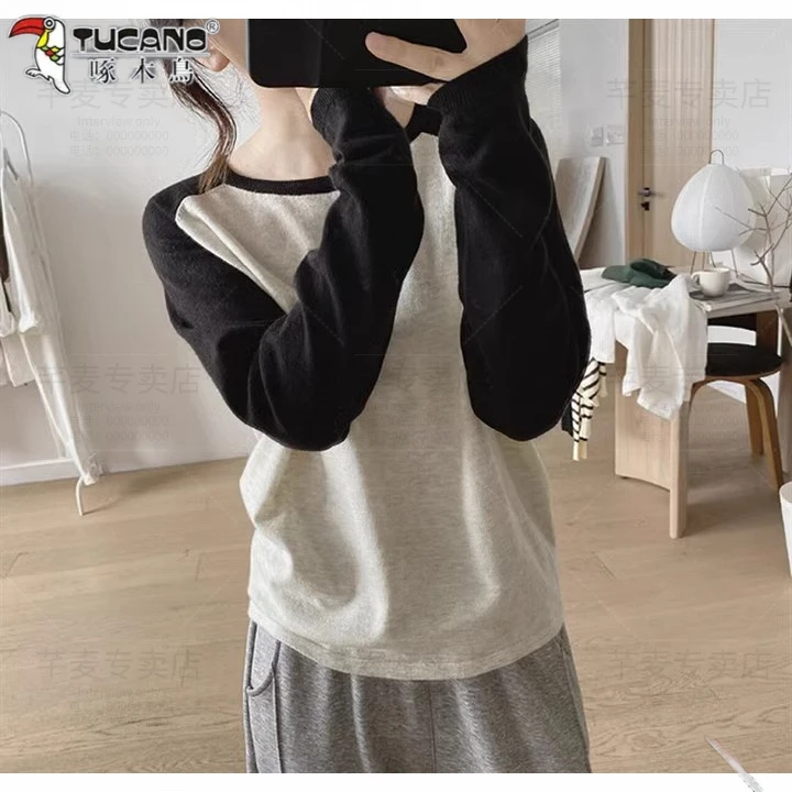 啄木鸟春夏新款女装圆领外穿通勤舒适拼色上衣薄毛衣针织衫内搭