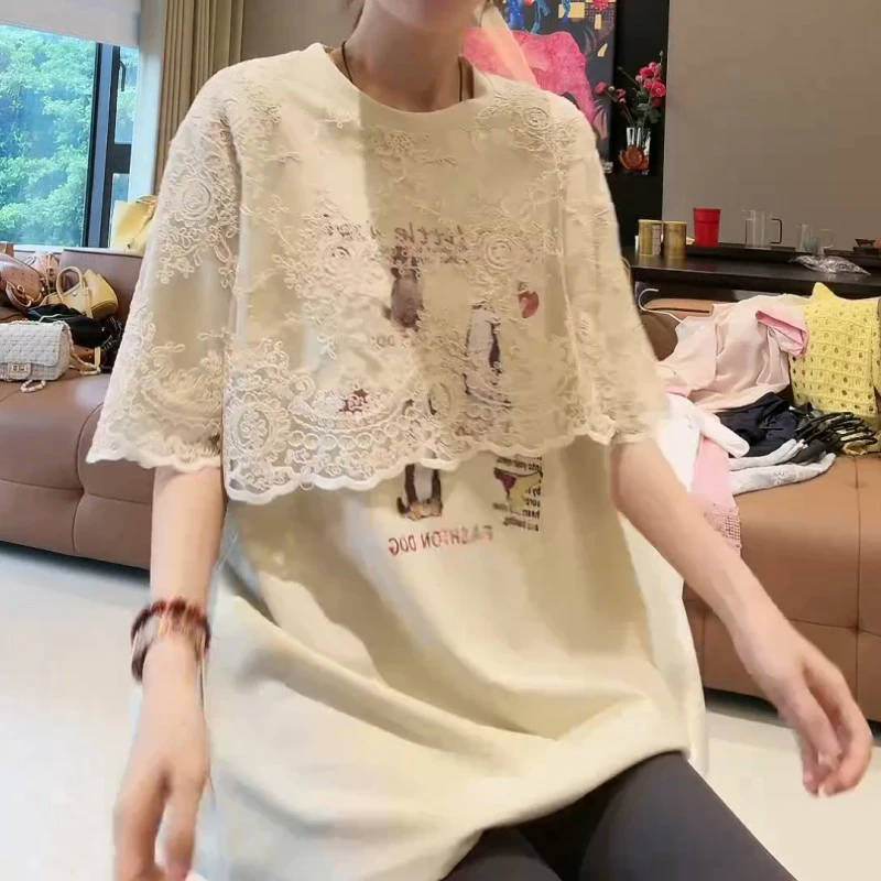 欧货时尚设计感重工假两件蕾丝斗篷披肩拼接印花短袖T恤女上衣潮
