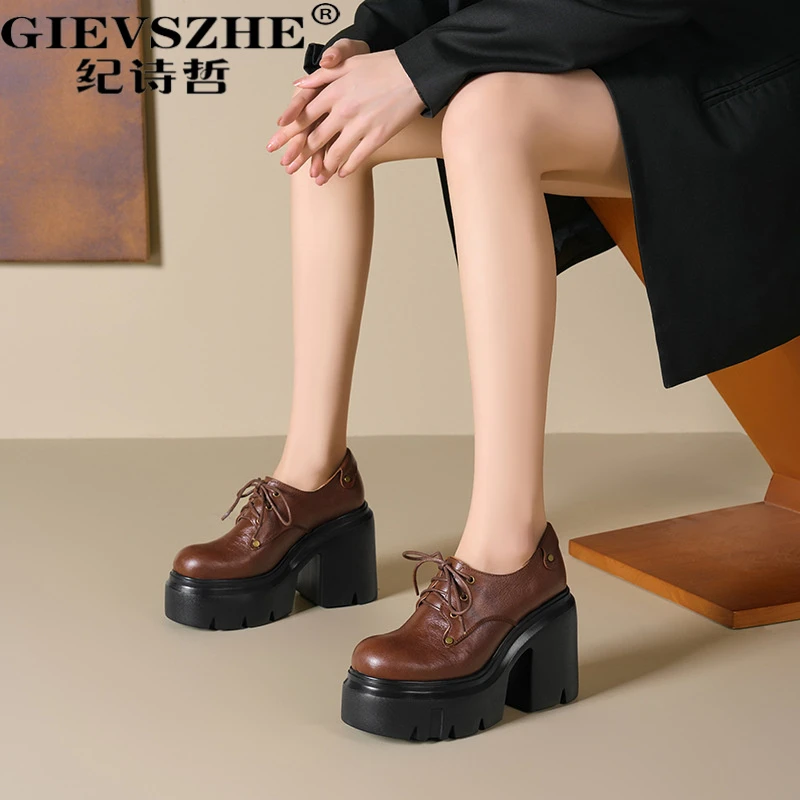 纪诗哲女士真皮超高跟鞋秋季新款厚底系带粗跟单鞋女百搭松糕鞋
