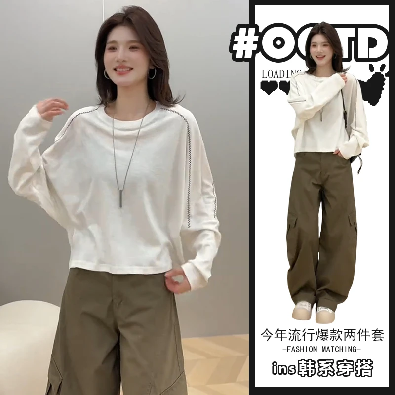 韩系学院风两件套女秋季欧美宽松百搭减龄长袖卫衣时尚工装裤