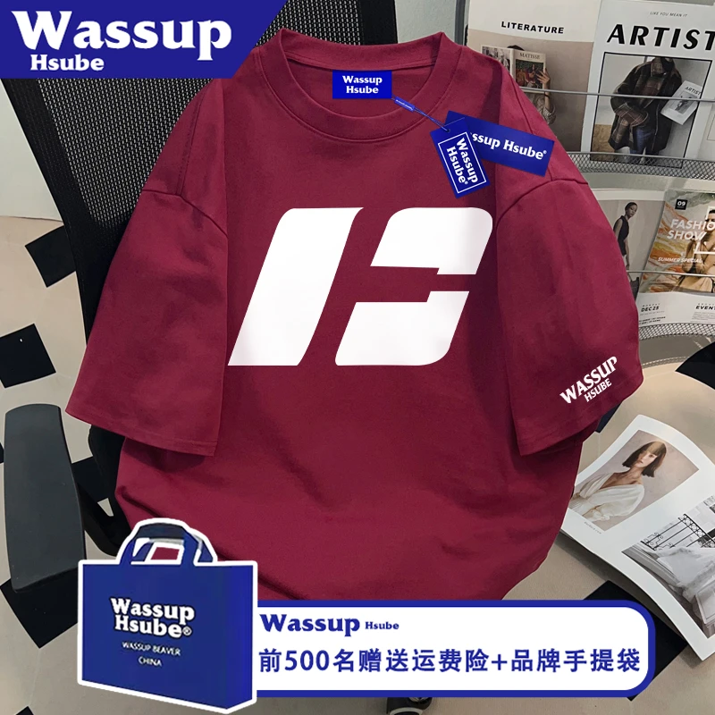 WASSUP HSUBE国潮复古字母印花纯棉圆领短袖男女T恤ins夏酒红上衣