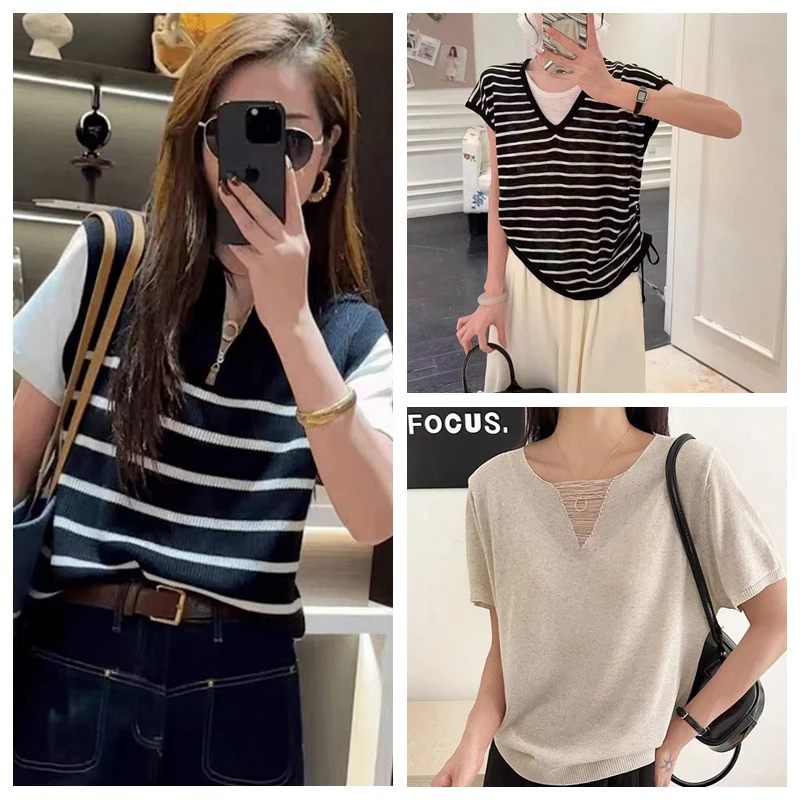 百搭夏季短袖镂空宽松女毛针织衫上衣圆领休闲网红中袖针织衫