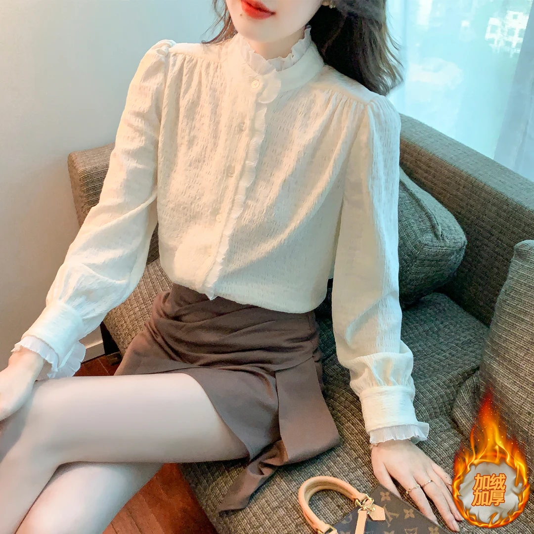 2025秋冬新款法式木耳边立领白色雪纺衬衫女气质百搭加绒内搭上衣
