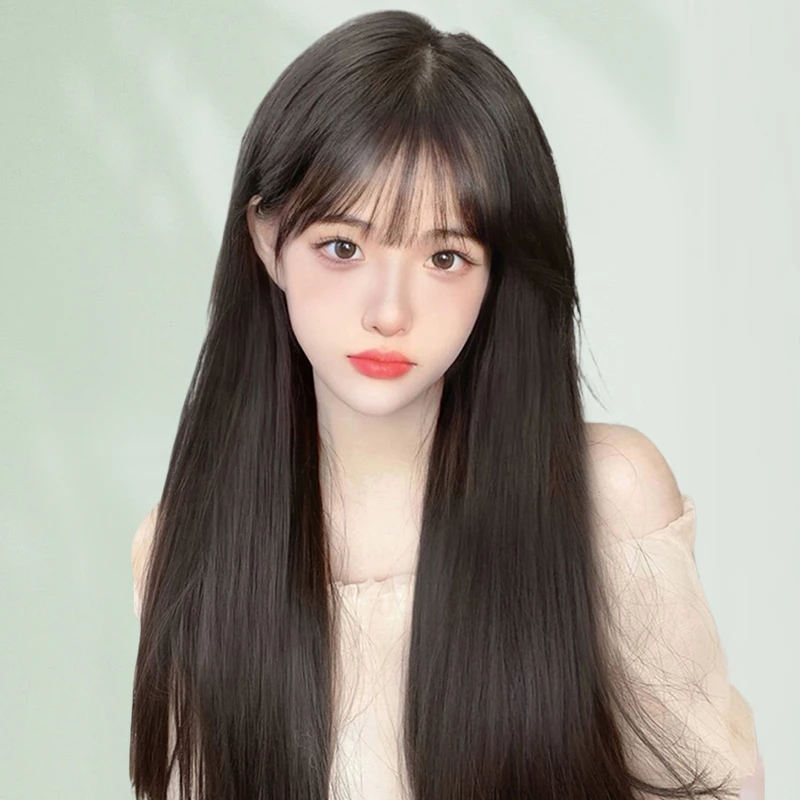 【直播用】冰感递针假发女款空气刘海黑长直100%真发全头套轻薄透气