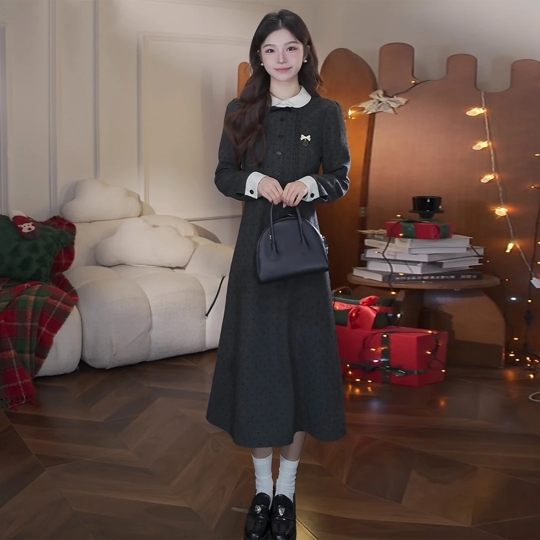 【现货+运补】秋季穿搭法式高级千金长袖早秋设计感收腰长裙7024