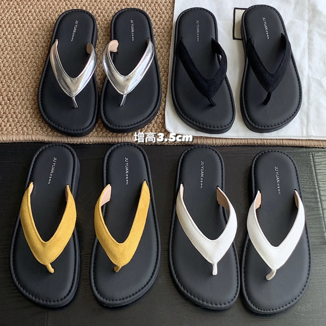 原小白白真皮懒人拖踩屎感软底厚底人字拖鞋沙滩凉拖拼色休闲夏女