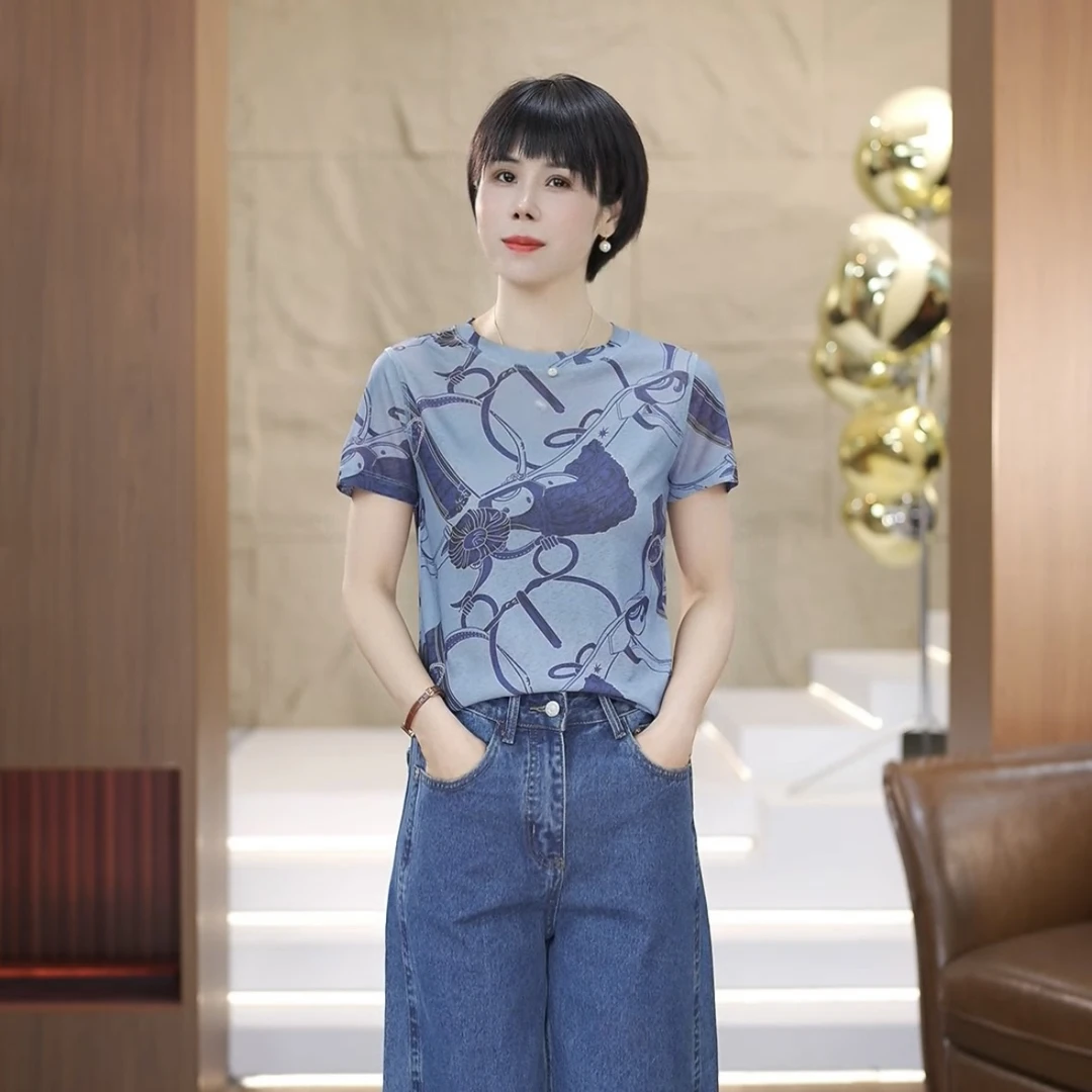 【渲渲推荐】XF-673夏季气质精致牙刷棉图案小衫