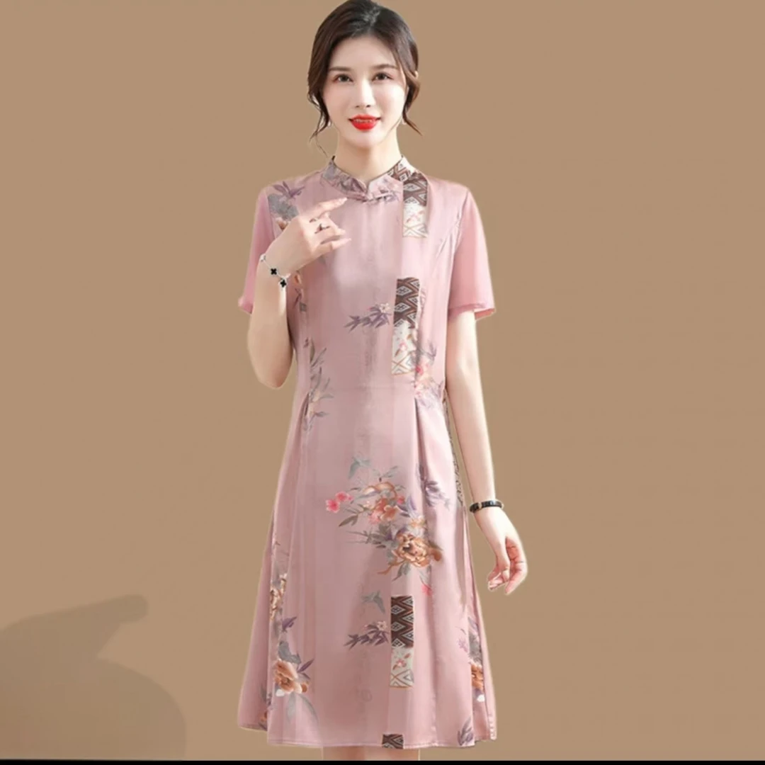 10027-妈妈夏装旗袍连衣裙中老年短袖女气质阔太太裙子【A11-1-1】