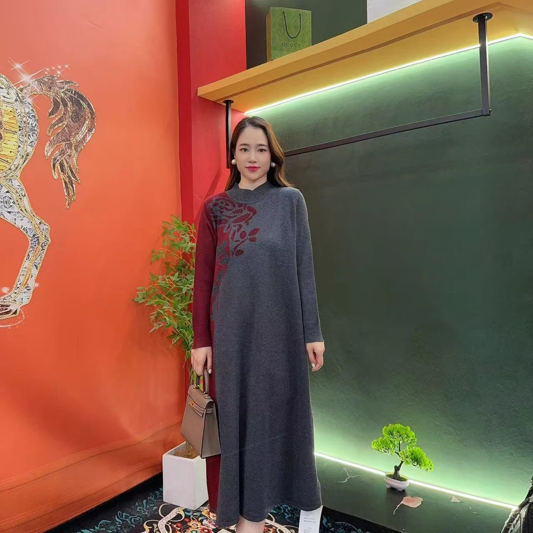 6938多金大码气质减龄长款A字裙子春秋季设计长袖连衣裙女