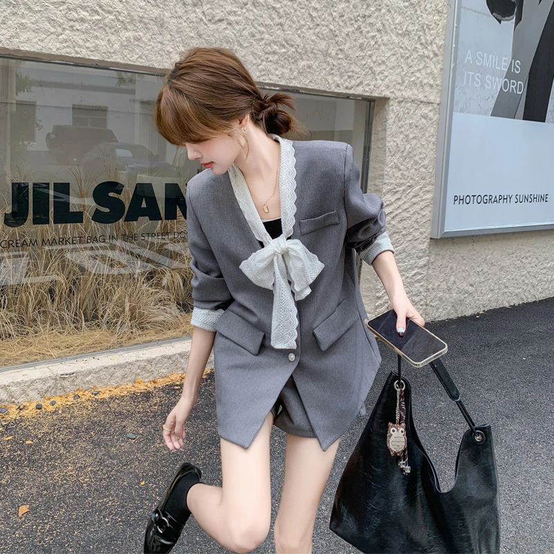 蕾丝飘带西装套装裤女2025春秋新款氛围感小众韩系慵懒风西服短裤
