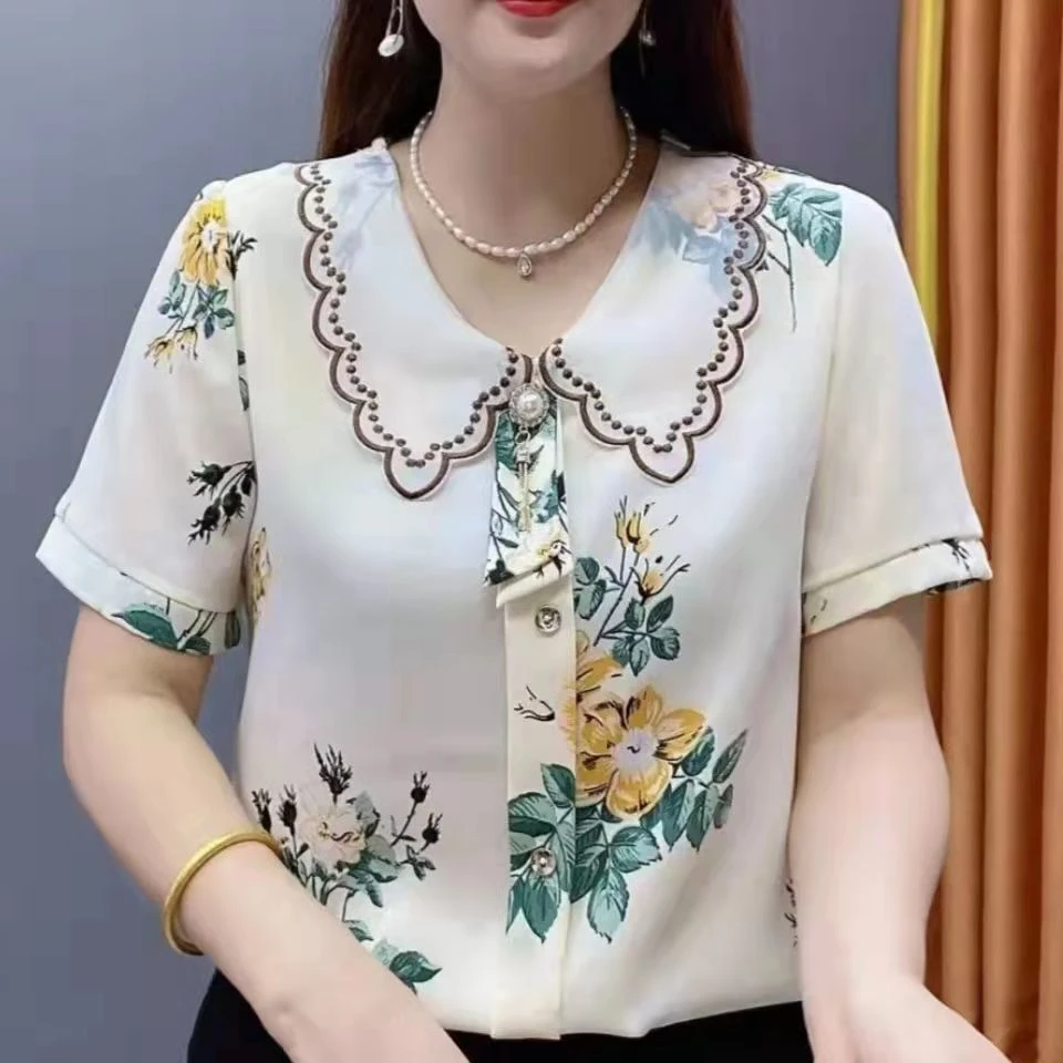 2025夏季新款减龄百搭雪纺衫显瘦气质妈妈装印花遮肚短袖上衣宽松