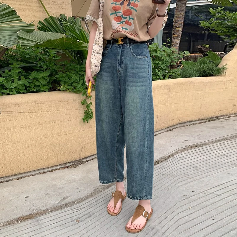 莱赛尔夏季薄款大码百搭宽松高腰奶奶裤松紧腰显瘦九分阔腿牛仔裤