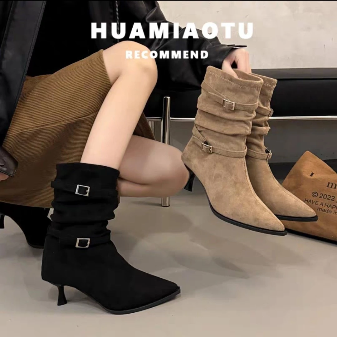 秋冬新款加棉高跟细跟秋冬季女尖头短靴时尚网红秋冬