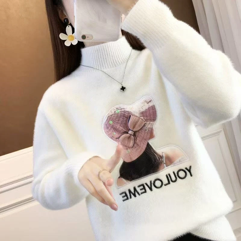 水貂绒毛新款衣女毛衣2025秋冬宽松加厚套头打底高领加绒针织衫