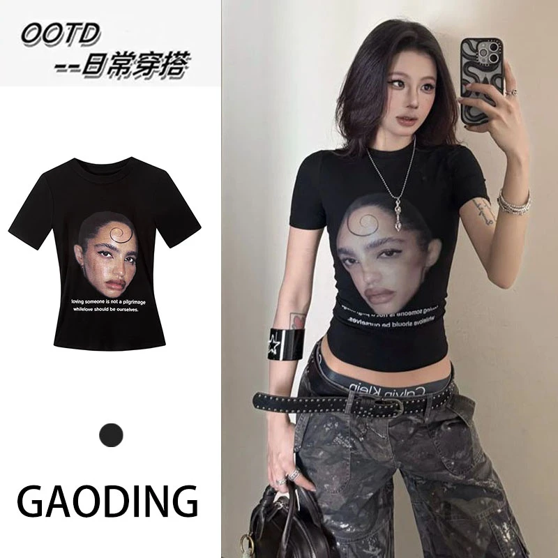 黑色正肩人像印花短袖T恤女夏季新款美式时尚个性辣妹风高腰上衣