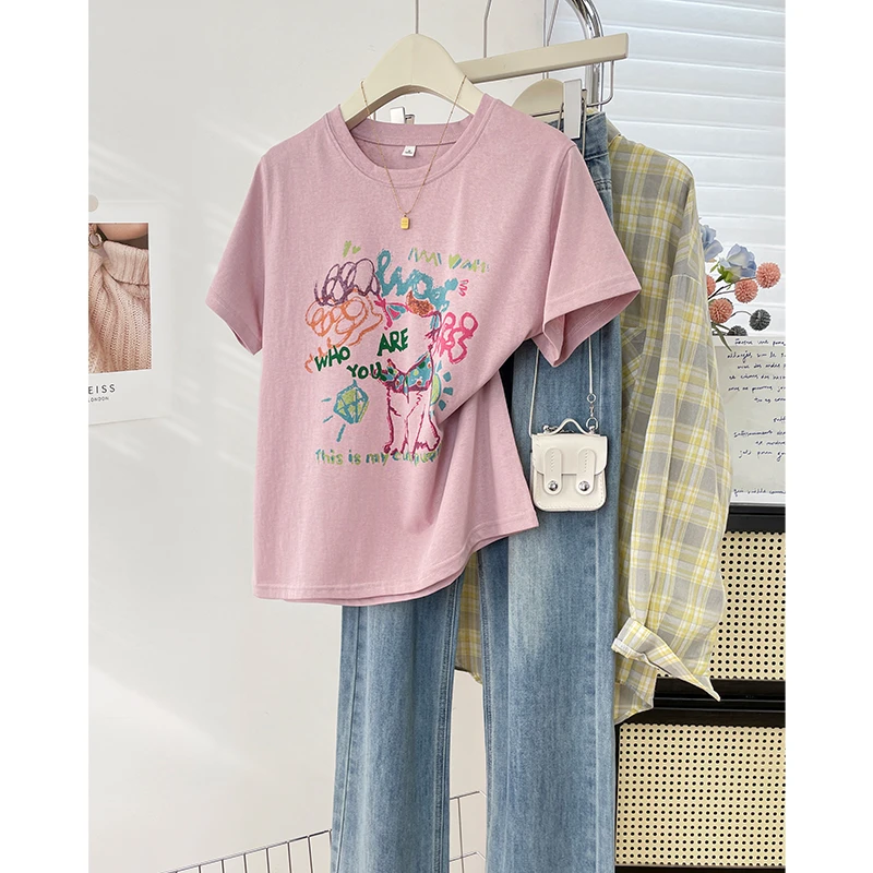 轻薄凉感雪花棉复古减龄彩色涂鸦印花T恤百搭创意圆领短袖上衣女