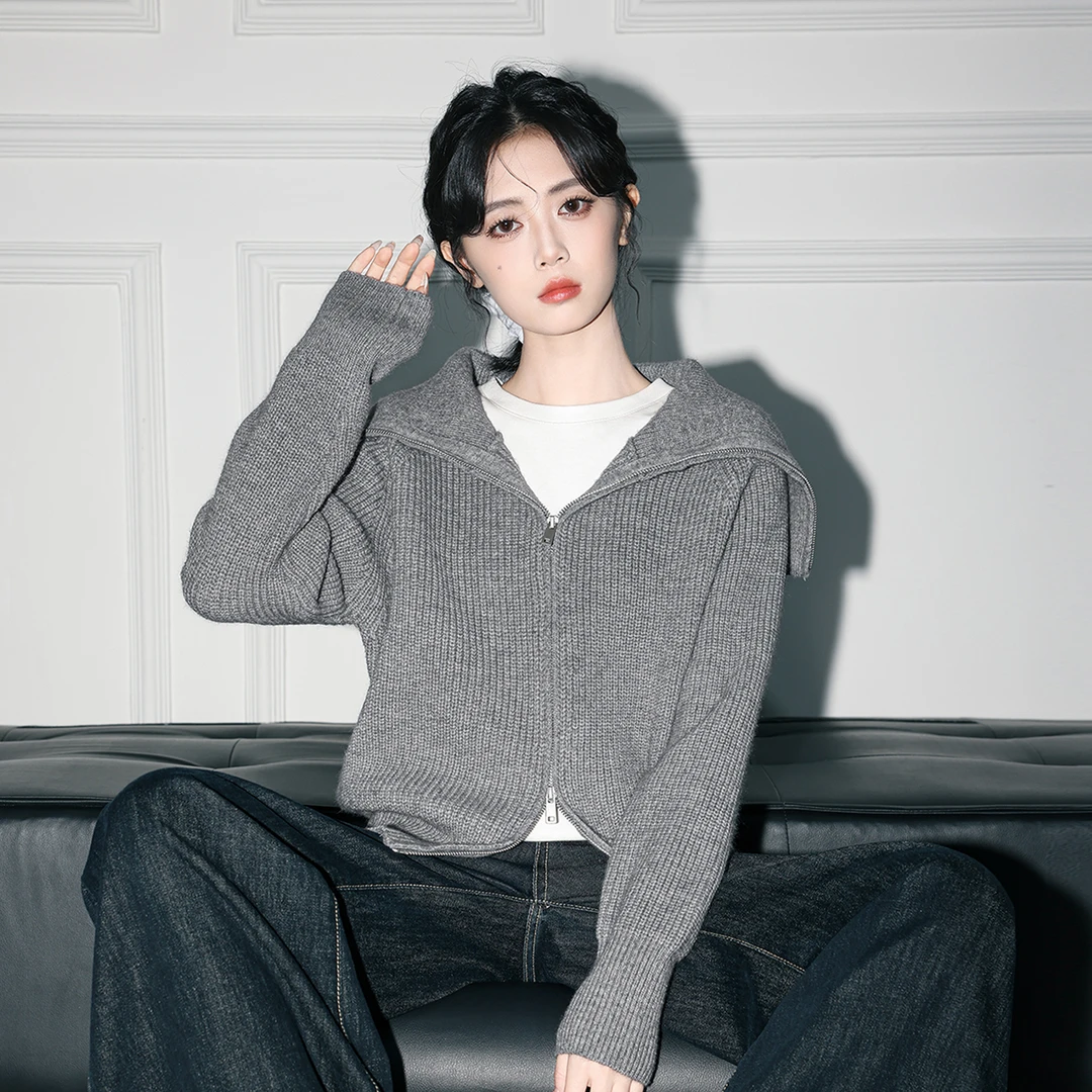 灰色双拉链毛衣外套女春秋2025秋新款复古宽松海军领针织开衫上衣
