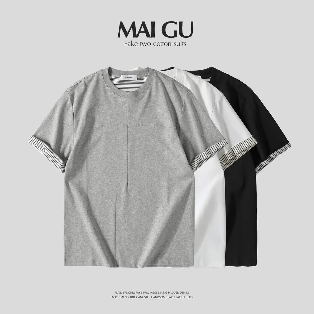 【QCTH】男士夏季重磅原创圆领短袖条纹内衬设计透气百搭T恤上衣