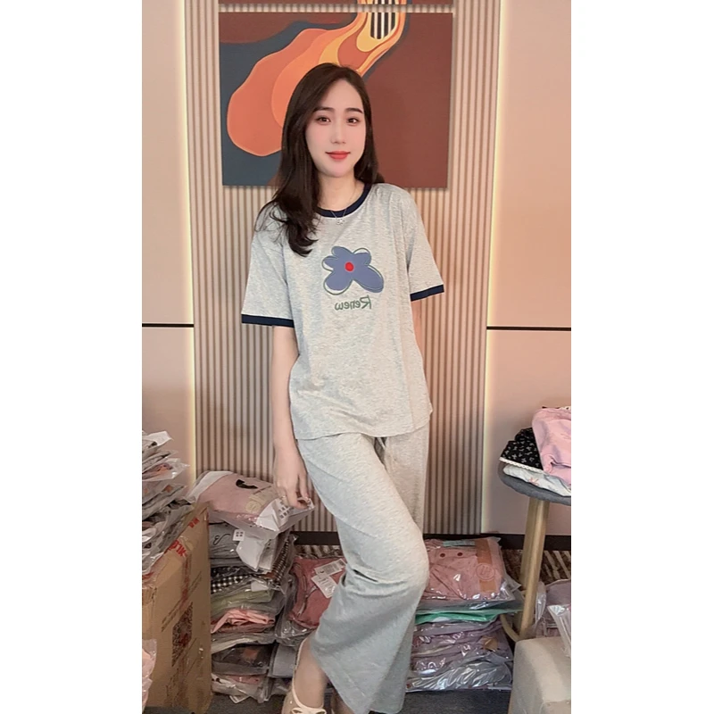 胸垫版睡衣女夏款纯棉短袖长裤韩版可外穿家居服套装（盐系小蓝花）