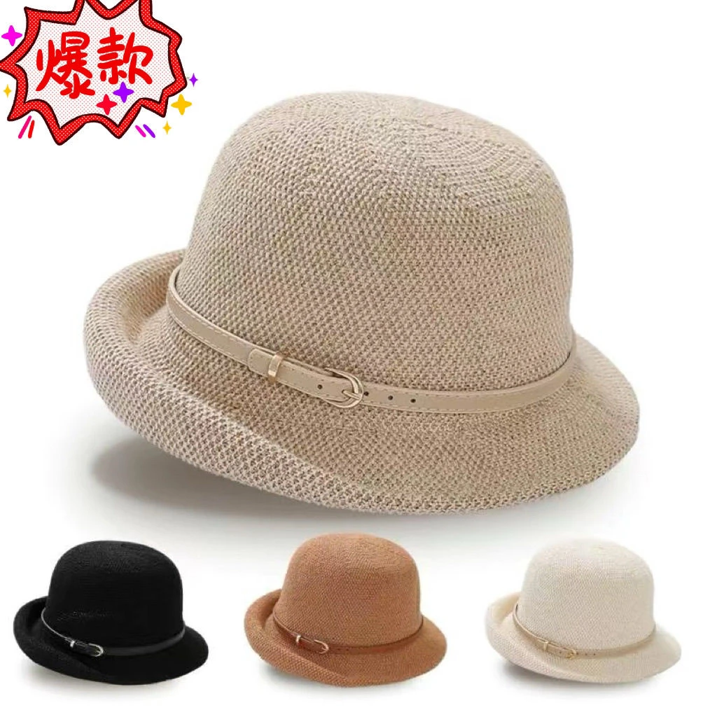 夏季女士防晒卷边圆顶礼帽子气质高雅妈妈出游遮阳帽韩版英伦风