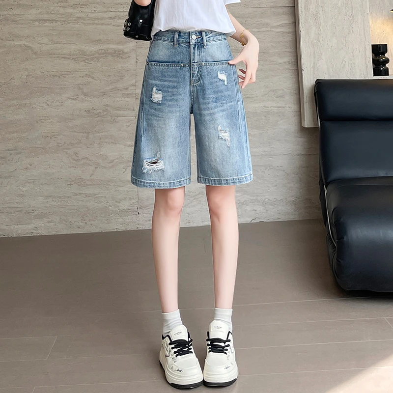 高腰百搭破洞夏季短裤2025新款大码宽松显瘦破洞牛仔中裤薄款裤子