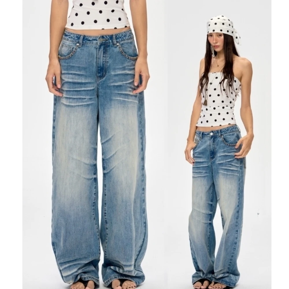 美式复古水洗蓝宽松阔腿牛仔裤女2025秋季新款显瘦修身垂感拖地裤