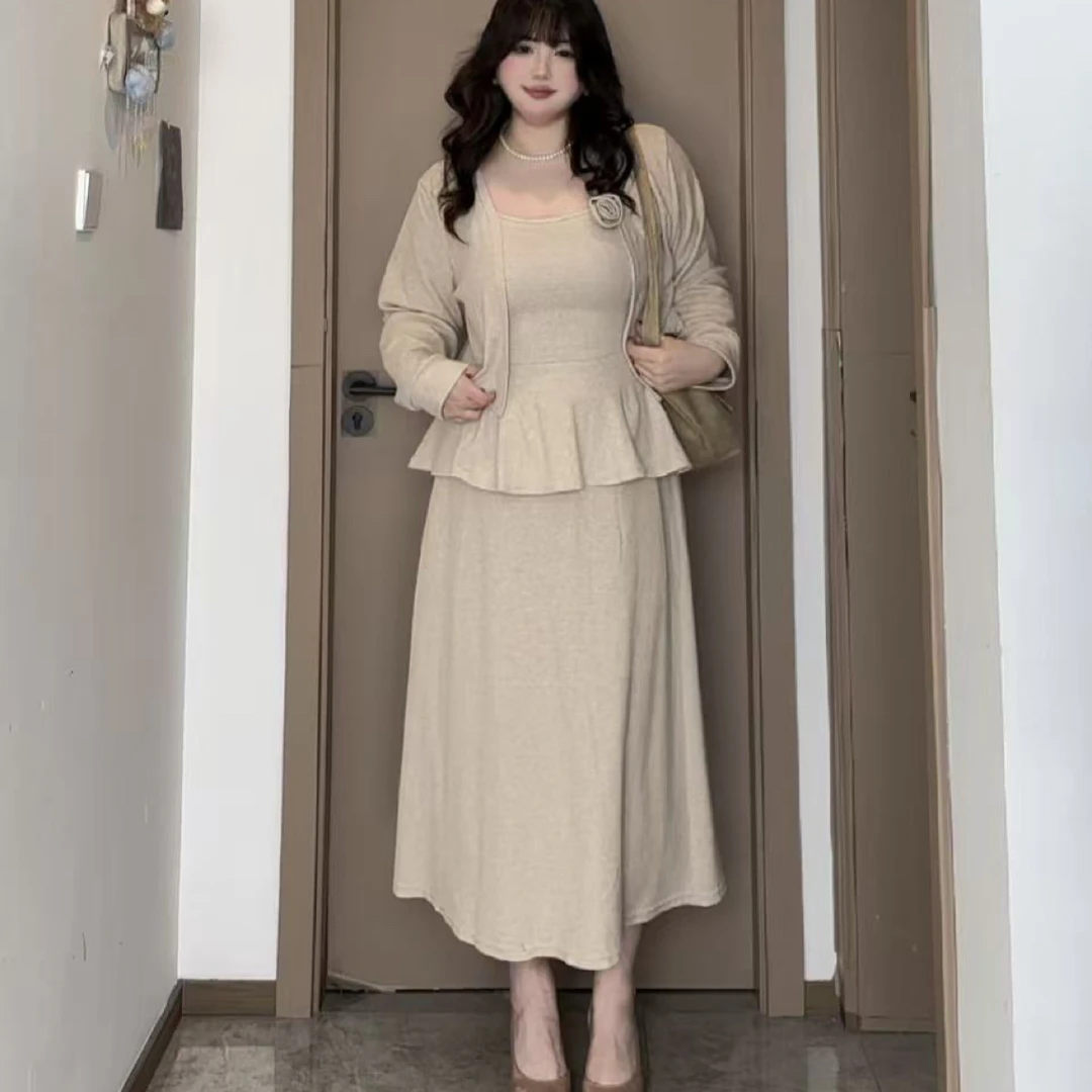 立体花朵荷叶边吊带背心开衫半身裙三件套秋季新款时尚气质套装