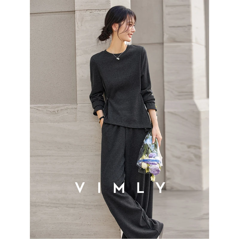 梵希蔓灰色简约舒适套装女秋圆领设计感上衣阔腿长裤两件套A2576