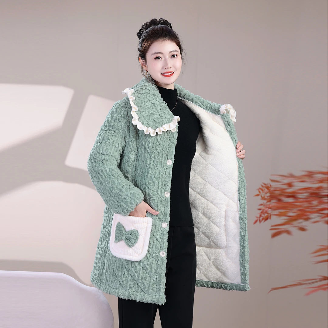 冬季新中长款女棉衣中老年保暖加绒加厚棉服外套居家可外穿罩衣