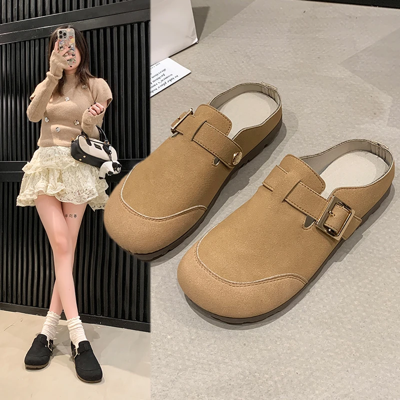 鞋子女春季复古舒适休闲懒人鞋包头半拖鞋女鞋平底百搭拖鞋女