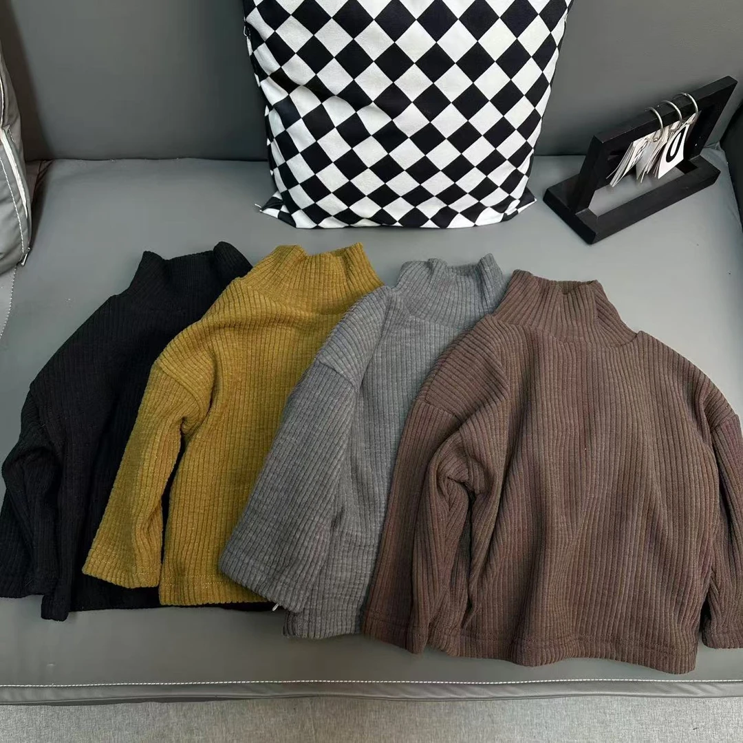 2024冬季新品韩版男女童高领加绒坑条加厚打底上衣内搭2330