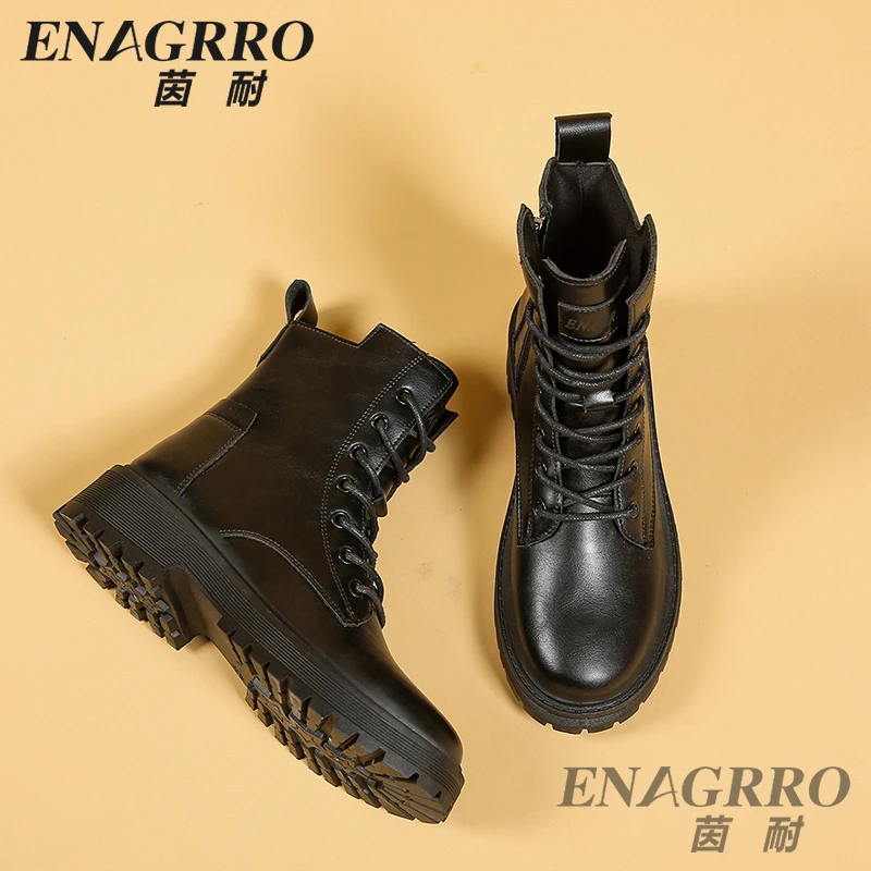茵耐ENAGRRO马丁靴黑色中筒女靴常规款女秋冬加绒中跟防水台D66晓