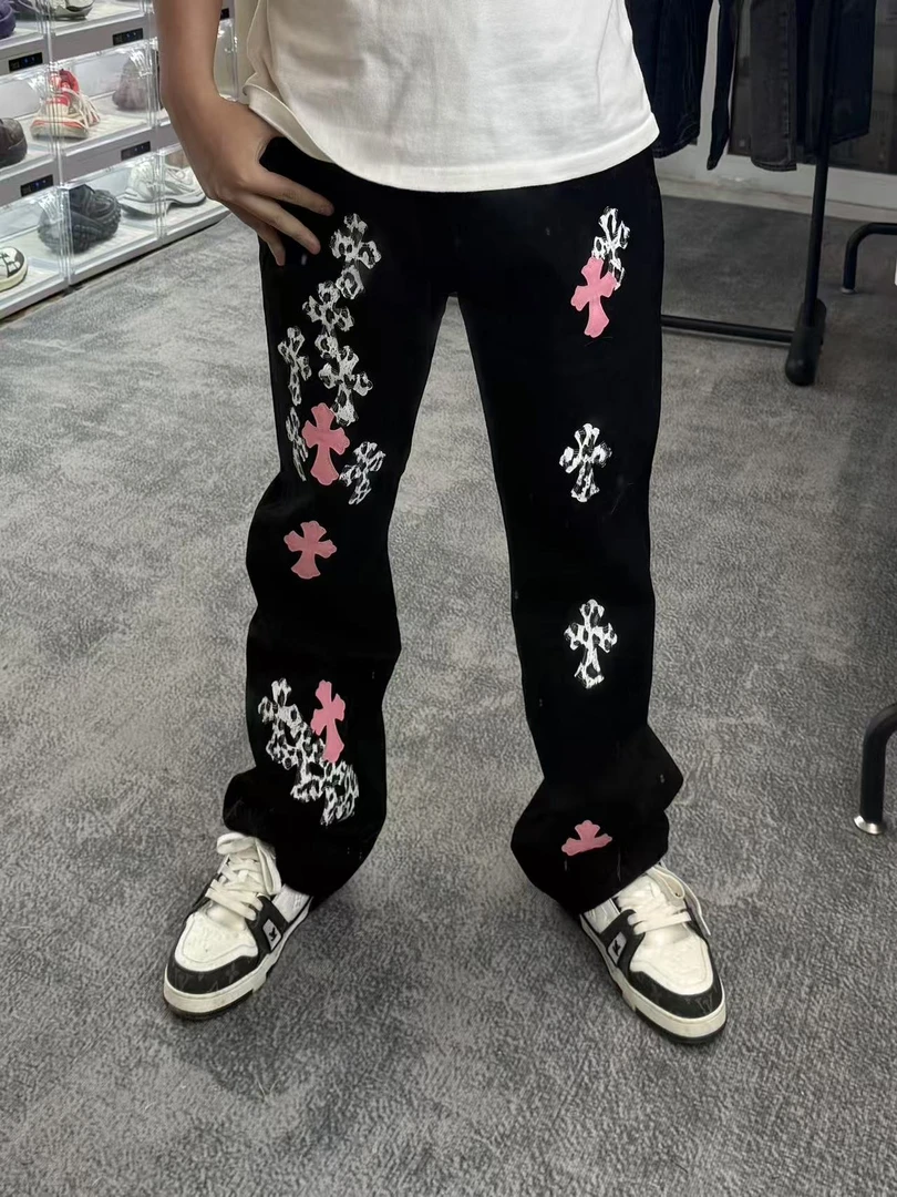 【CH花拼】高街十字架美式休闲显瘦水洗复古贴皮裤子做旧牛仔裤