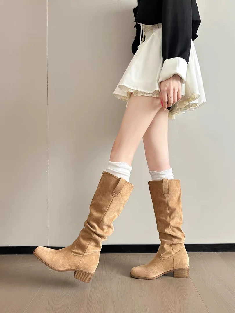 法式粗跟长筒靴女2025春秋季新款复古棕色v口骑士靴显瘦不过膝靴