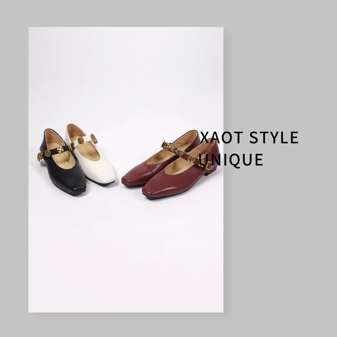 一棠·法式山茶花珐琅金属扣带玛丽珍鞋女新款浅口单鞋粗跟66012
