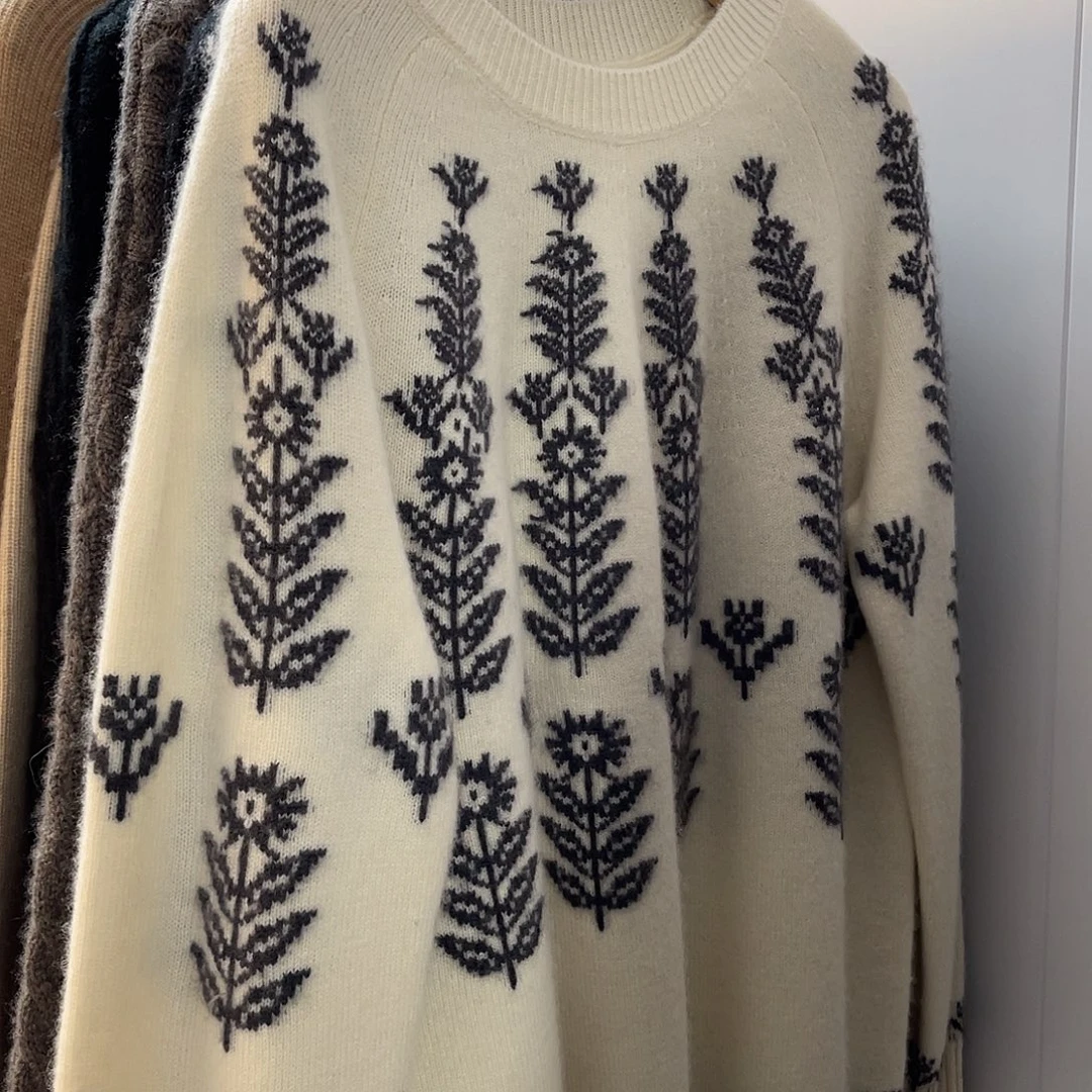 花朵 圆领 羊绒衫