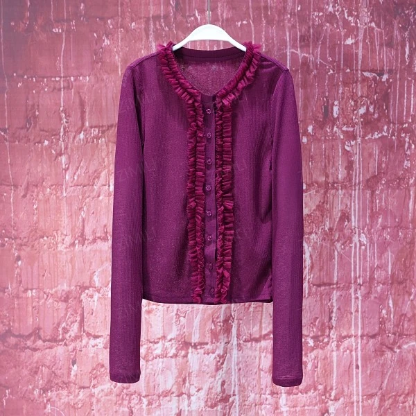 【韩哥女装】夏季海象紫拼接网纱盘花时尚爽肤衣9307