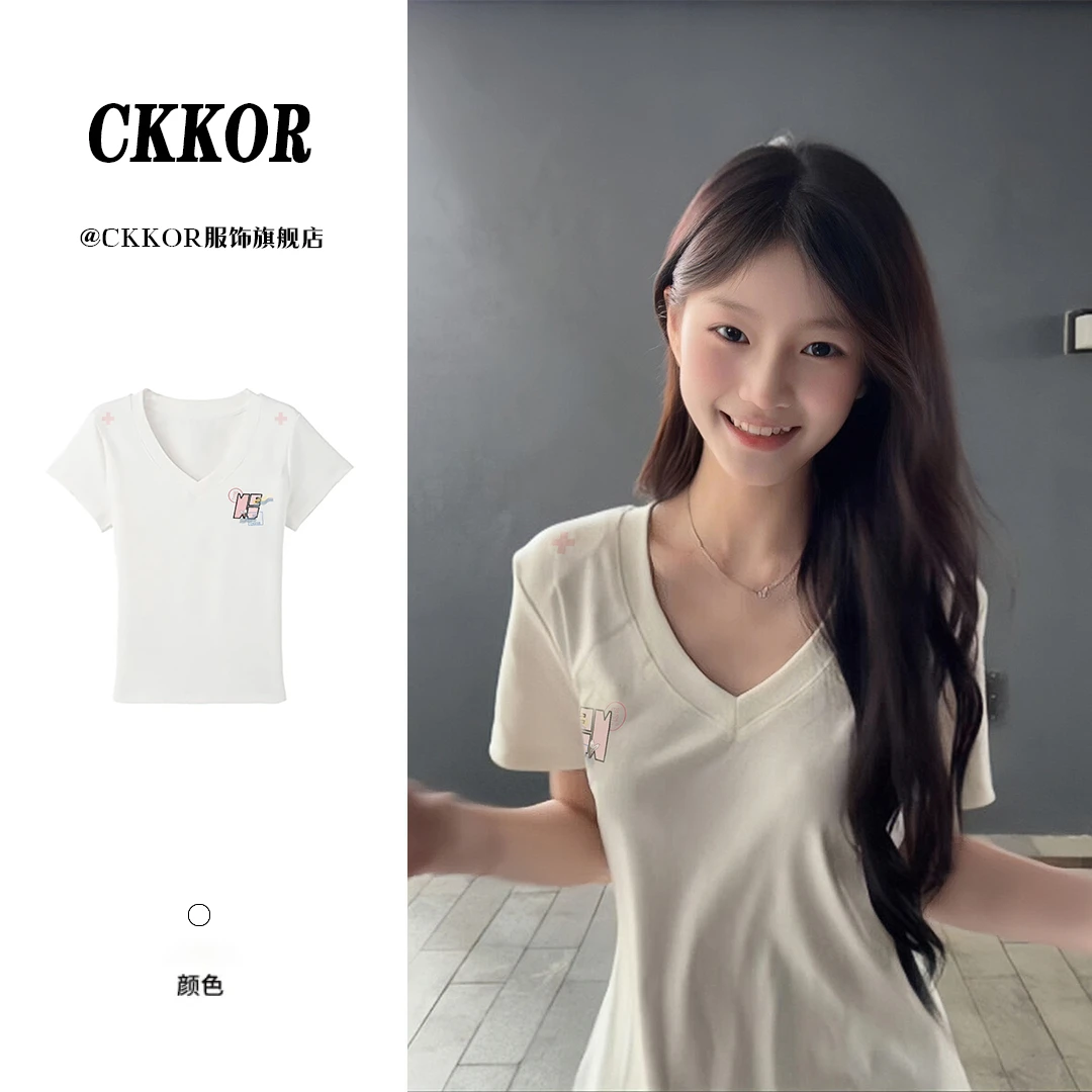 CKKOR夏季新款修身v领短袖t恤女学院风美式辣妹百搭显瘦正肩上衣