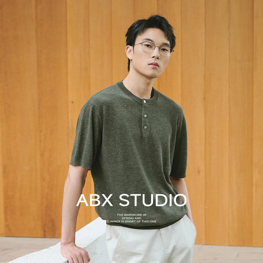 【14针亚麻再生纤维素混纺】夏季薄款三粒纽亨利领针织衫T恤男