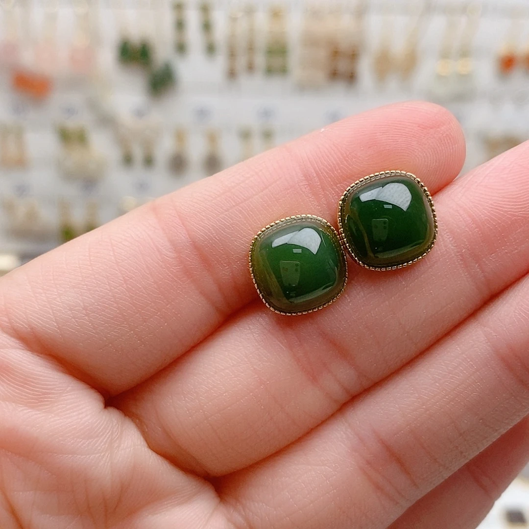 和田玉银S925镶嵌耳饰