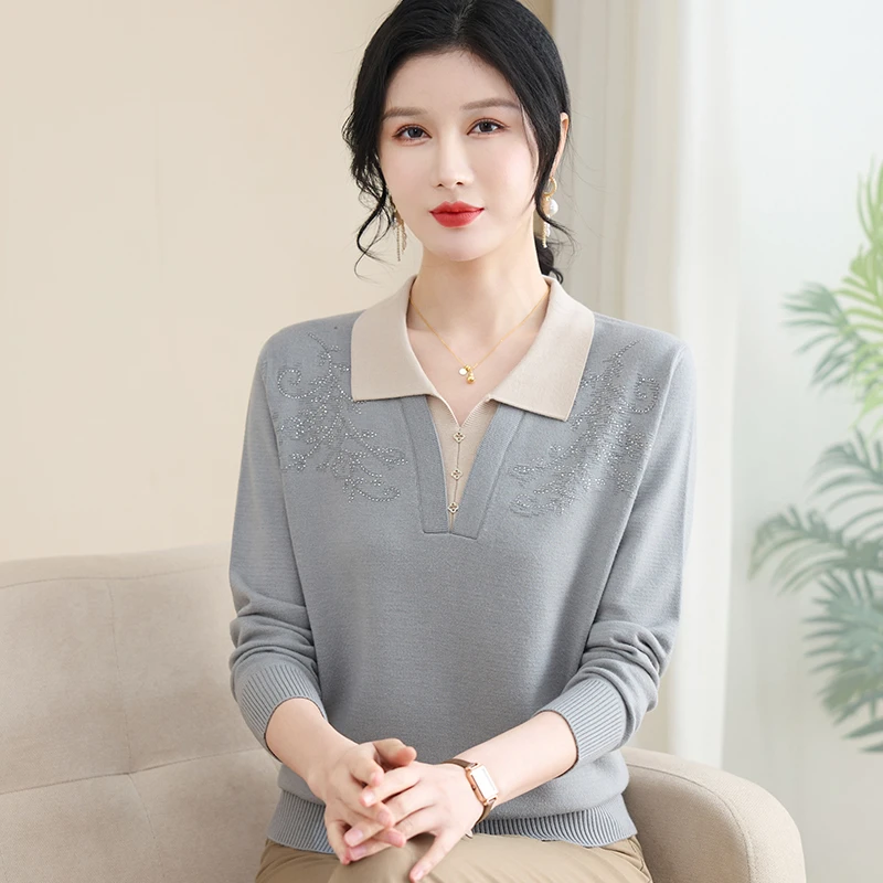 洋气妈妈装春夏长袖针织衫上衣服中老年女装时尚薄款T恤小衫3301