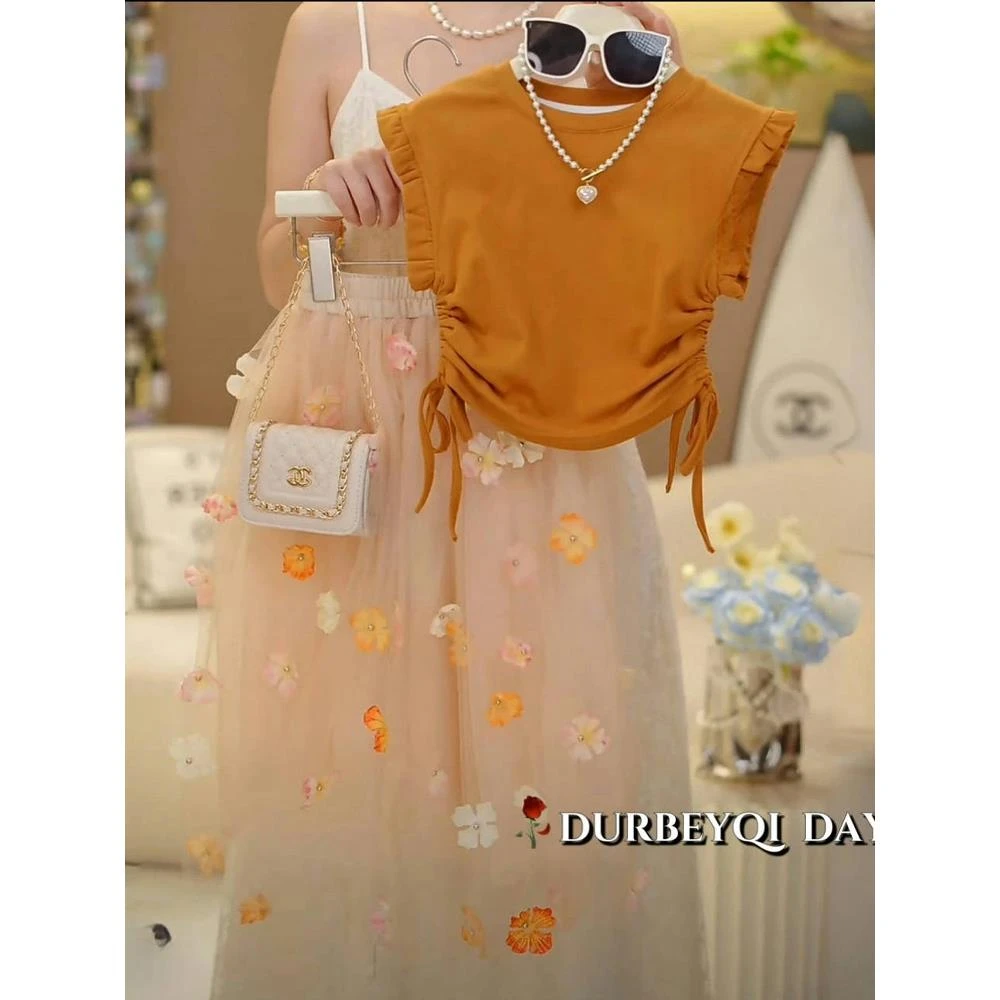 女童花朵半身裙套装夏季2025新款女孩木耳边短袖T恤公主纱裙田园