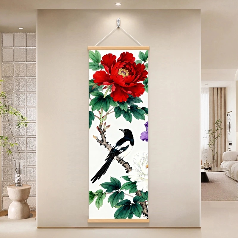 【 红牡丹 40x120cm】 书法宣绒布中式简约艺术装饰画玄关卧室