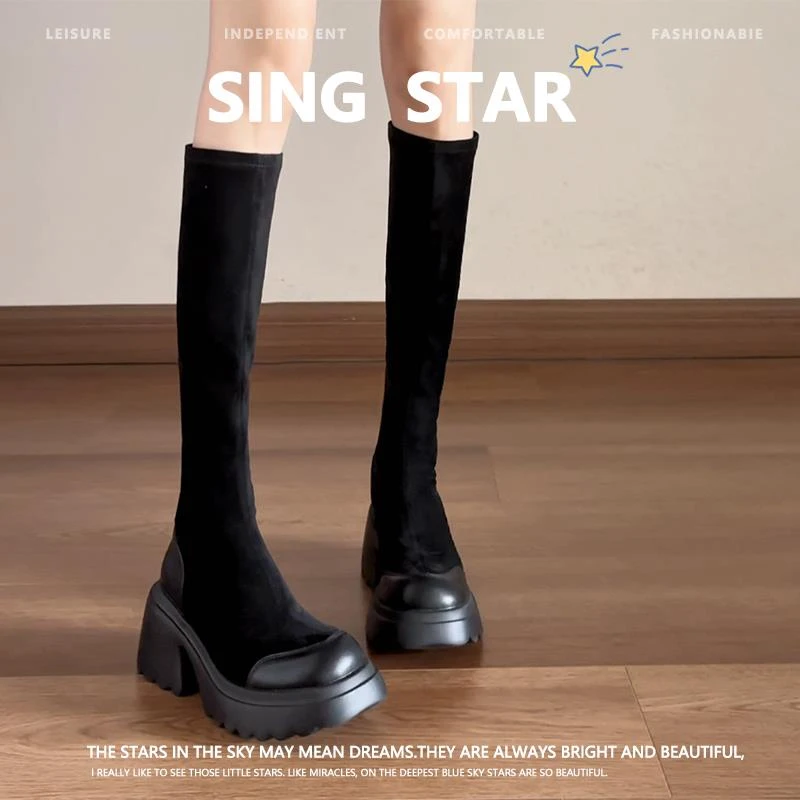 【DR明星同款】黑色不过膝粗跟长筒靴女2025年夏季不掉筒长靴增高