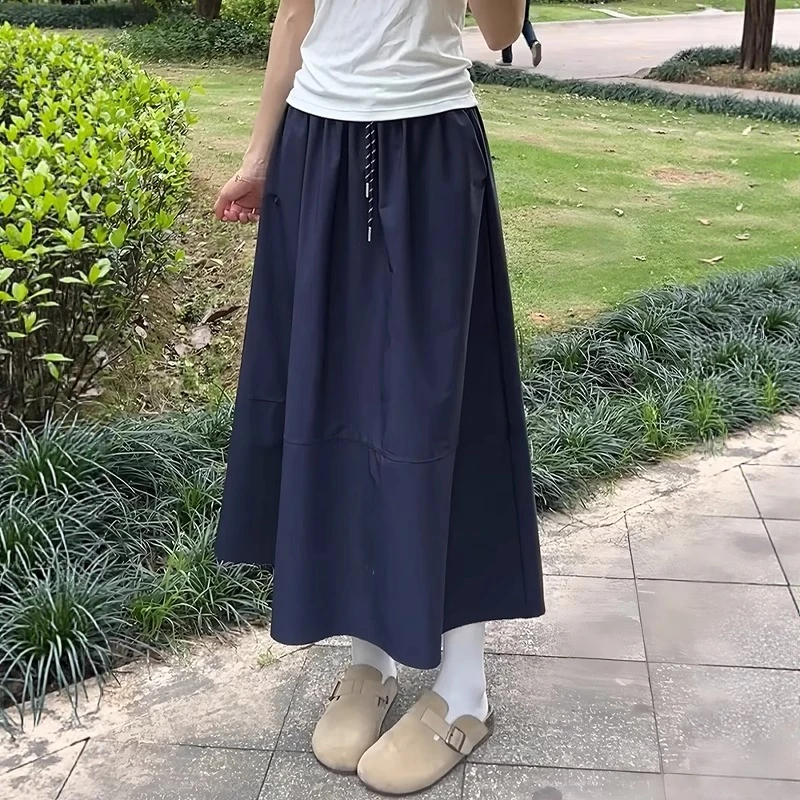 藏青色工装高腰显瘦显腿长半身裙女夏薄款梨形身材宽松遮胯中长裙