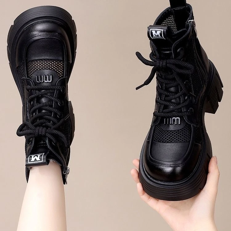 马丁靴女马丁靴女加绒薄款靴子透气夏季镂空时尚单靴女鞋黑色