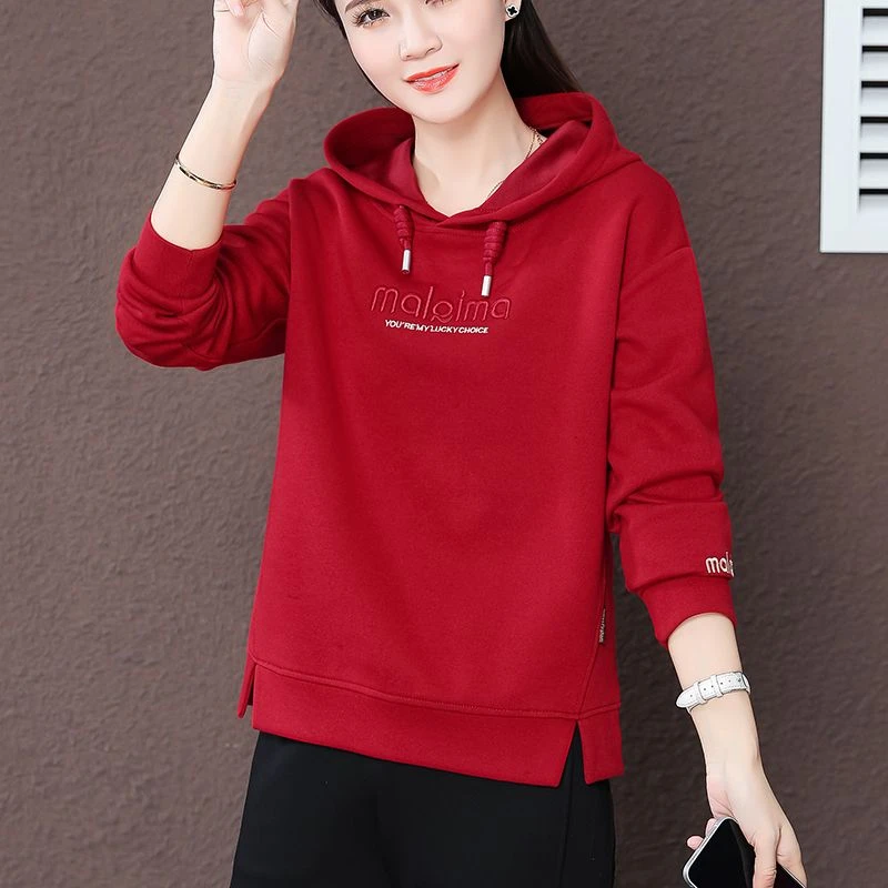 纯色字母刺绣连帽美式卫衣外套妈妈上衣女款2025秋装新款爆款T恤